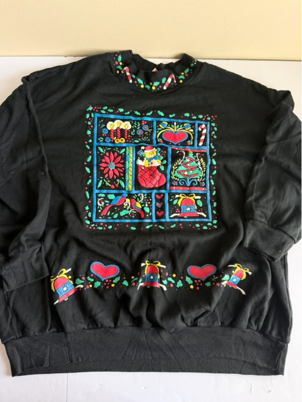 Vintage 1990s Young Stuff Christmas Patchwork Puff Paint Sweatshirt Black 3X